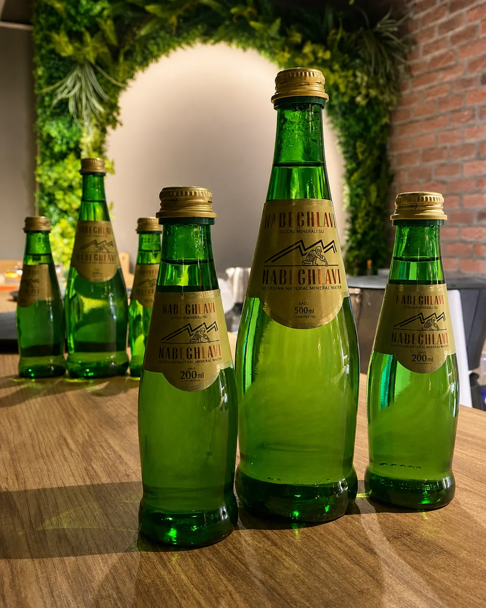 Restoran müşterimizin masasında Nabeghlavi 200 ml ve 500 ml cam şişeler